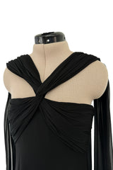 Gorgeous Spring 1989 Bill Blass Runway Black Silk Halter Chiffon w Trailing Shoulder Panels