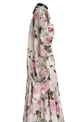 Prettiest 1970s Lanvin Couture Pastel Floral Print Strapless Silk Chiffon Dress w Balloon Sleeve Jacket