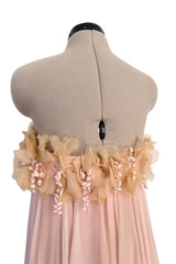 Prettiest 1960s Unlabeled Pale Pink Strapless Dress w Silk Chiffon & Flower Detailed Bodice