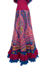 Incredible 1970s Jean Patou Printed Silk Organza Dress w Layered Ruffled Neckline & Hem