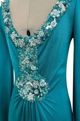 Stunning Spring 1971 Loris Azzaro Deep Turquoise Silk Jersey Dress w Densely Beaded Plunging Front Detail