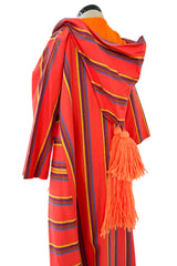 Incredible 1960s Josefa Striped Cotton Caftan Dress w Hood & Huge Orange Yarn Tassel Detailing
