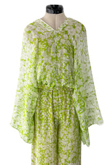 Fantastic 1970s Pauline Trigere Two Piece Green Silk Chiffon Plunge Top & Wide Leg Pant Set