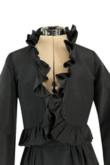 Dreamy 1980s Valentino Black Silk Wide Ruffled Hem Dress w Matching Wide Bell Sleeve Cropped Jacket