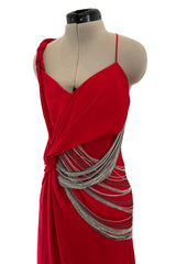 Fabulous 2000s Versace by Donatella Red Crepe Dress w Rhinestone & Silver Chain Detailing