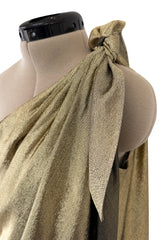 Rare Halston 1976 Couture One Shoulder Gold Metallic Lame Sarong Dress