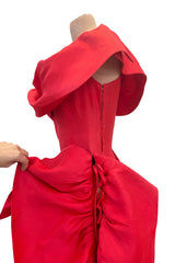 Prettiest 1970s Loris Azzaro Red Silk Gazaar One Shoulder Dress w Ruffled Detailing & Side Bow