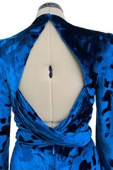 Fabulous Fall 1986 Bill Blass Runway Brilliant Blue Silk Velvet Dress w Open Cut Out Back