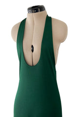 Sexiest 1974 Halston Couture Deep Green Silk Jersey Backless Dress w Front Plunge & Long Ties