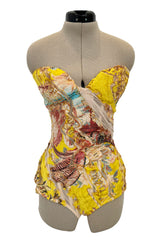 Very Rare Spring 2003 Roberto Cavalli Printed Silk & Net Boned Corset & Red Sequin Mini Skirt Set