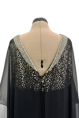 V Neck & Back 1990s Nina Ricci Black Silk Chiffon Caftan Dress w Sequin Bead & Rhinestone Detailing