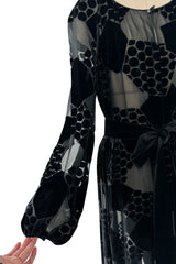 Fantastic Early 1970s Miss Dior Black Silk Velvet Fused Onto Black Transparent Silk Chiffon Dress