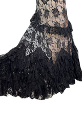 Gorgeous 2010s John Galliano Spanish Influnced Tiered & Ruffled Black Lace Bias Cut Dress