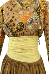 1970s Madame Gres Haute Couture Wide Leg Pant Set w Metallic Gold Part Open Tie Top