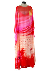 Incredible Spring 1978 Hanae Mori Brilliant Pink & Coral Sunset & Floral Caftan Dress & Cape Overlay