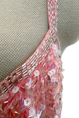 Prettiest 1980s Oleg Cassini Pink Silk Dress Covered in Iridescent Sequins w Silver Tube Bead Detailing & Trim