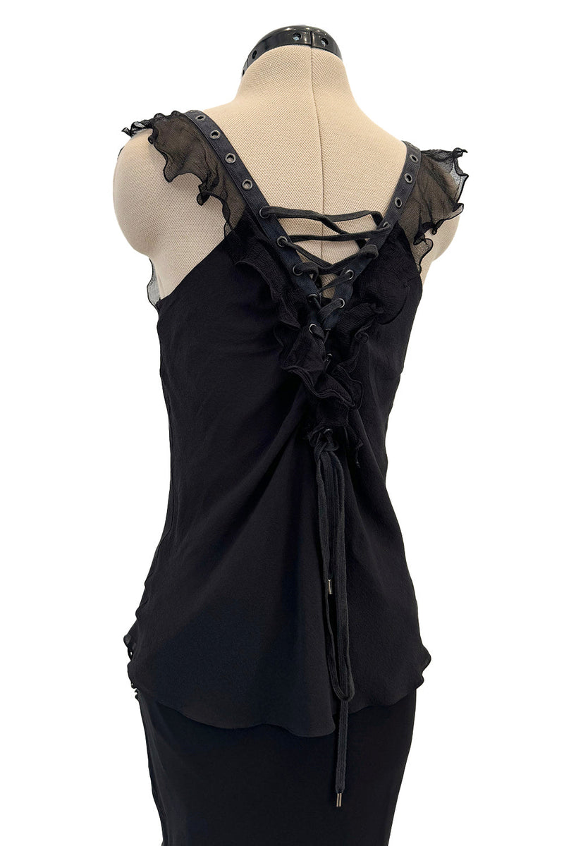 Spectacular Christian Dior by John Galliano Spring 2003 Black Silk Chiffon Lace Up Skirt & Top Set