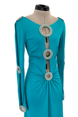 Spectacular Early 1970s Loris Azzaro Plunging Turquoise Silk Jersey w Open Rhinestone Rings