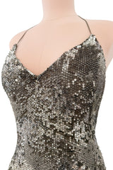 Fall 2015 Ralph Lauren Purple Label Runway Finale Look 43 Bronze Sequin Halter Dress w Open Back