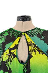 Magical 1970s Jean Varon Green Printed Dress w Elaborate Ruffled Sleeves