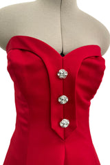 Prettiest 1980s Victor Costa Clear Red Strapless Dress w Full Skirt & Underskirts & Large Rhinestone Dome Buttons