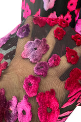 Prettiest 1970s Courreges Bright Pink Floral Velvet on Black Silk Chiffon Dress w Numbred Label