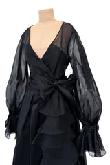 Prettiest 1970s Bill Blass Black Silk Organza Dress w Extensive Ruffle Detailing & Full Puff Sleeves