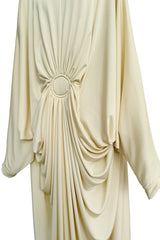 1970s Yuki by Gnyuki Torimaru for Rembrandt Ivory Jersey Caftan Dress W Gathered Front