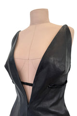 Exceptional Fall 2000 Richard Tyler Couture Plunging Front & Open Back Sculpted Black Ultrasoft Leather Dress