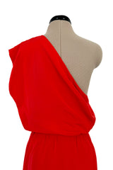 Spring 1980 Christian Dior by Marc Bohan Haute Couture One Shoulder Coral Red Silk Dress