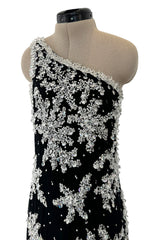 Incredible 1960s Adolfo Black Silk Chiffon One Shoulder Dress w Extensive Hand Bead & Sequin Detailing