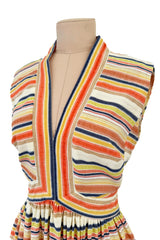 Prettiest 1970s Victor Costa Striped Waffle Weave Cotton Dress w Citrus Coloured Stripes & Full Skirt