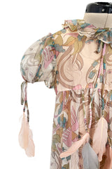 Phenomenal 1960s Gina Fratini Printed Tiered Baby Doll Maxi Dress w Poufed Cap Sleeves & Feather Details