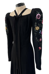 Prettiest 1920s Hickson Inc. Black Moss Crepe Dress w Tie Neck & Hand Sequinned Sleeves