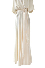 1970s Halston Draped Minimal Seamed Ivory Jersey Wrap Over Dress w Full Sleeves
