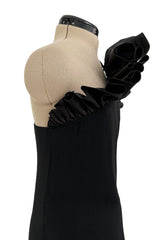 Fabulous 1980s Bill Blass One Shoulder Black Crepe Dress w High Taffeta Ruffle Detail