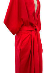 Fabulous 1970s Halston Wrap Plunge Red Full Length Dress w Wide Sleeves & Original Sash