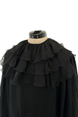 Beautiful 1970s James Galanos Couture Black Silk Chiffon Bias Cut Dress w Removeable Ruffled Collar