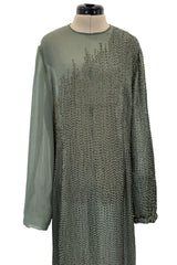 Prettiest Fall 1981 John Anthony Couture Moss Green Silk Chiffon Dress w Hand Beaded Detailing