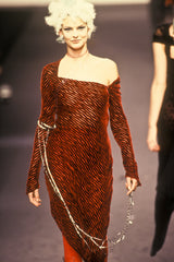 Fall 1994 Karl Lagerfeld Runway Deep Red Cut Velvet Bias Cut Dress w Angled Hem