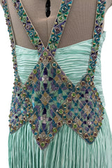 Incredible 1980s Mary McFadden Couture Pastel Teal Green Pleated Dress w Hand Beading