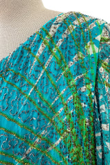 Phenomenal c.1972 La Mendola Hand Beaded Green Printed Caped One Shoulder Silk Jumpsuit