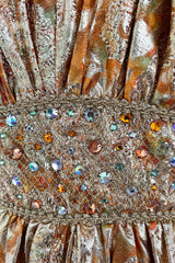 Incredible 1960s Unlabeled Gold Metallic Brocade Pouf Leg Jumpsuit w Gold Cord & Bead Detailing