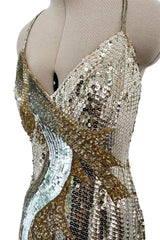 Incredible 1970s Loris Azzaro Densely Covered Gold & Silver Sequin, Bead & Silk Chiffon Dress