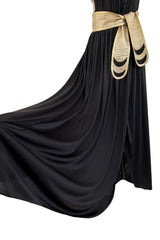 Documented 1981 Bill Tice Plunge Front Black & Gold Nylon Jersey Backless Halter Dress