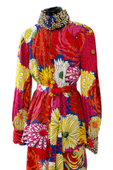 Fabulous 1970s Hanae Mori Bright Floral Print Jersey Pant & Top Set w Beading