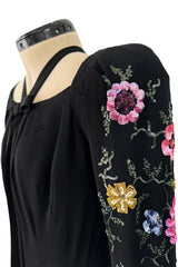 Prettiest 1920s Hickson Inc. Black Moss Crepe Dress w Tie Neck & Hand Sequinned Sleeves