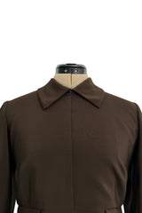 Elegant 1970s Madame Gres Haute Couture Chocolate Brown Day Dress w Full Sleeves & Collar