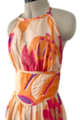 Amazing Late 1970s Bill Tice Printed Tissue Silk Backless Jumpsuit w Balloon Pouf Legs