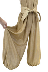 1981 Bill Tice Gold Metallic Backless Jumpsuit w Wide Balloon Legs
